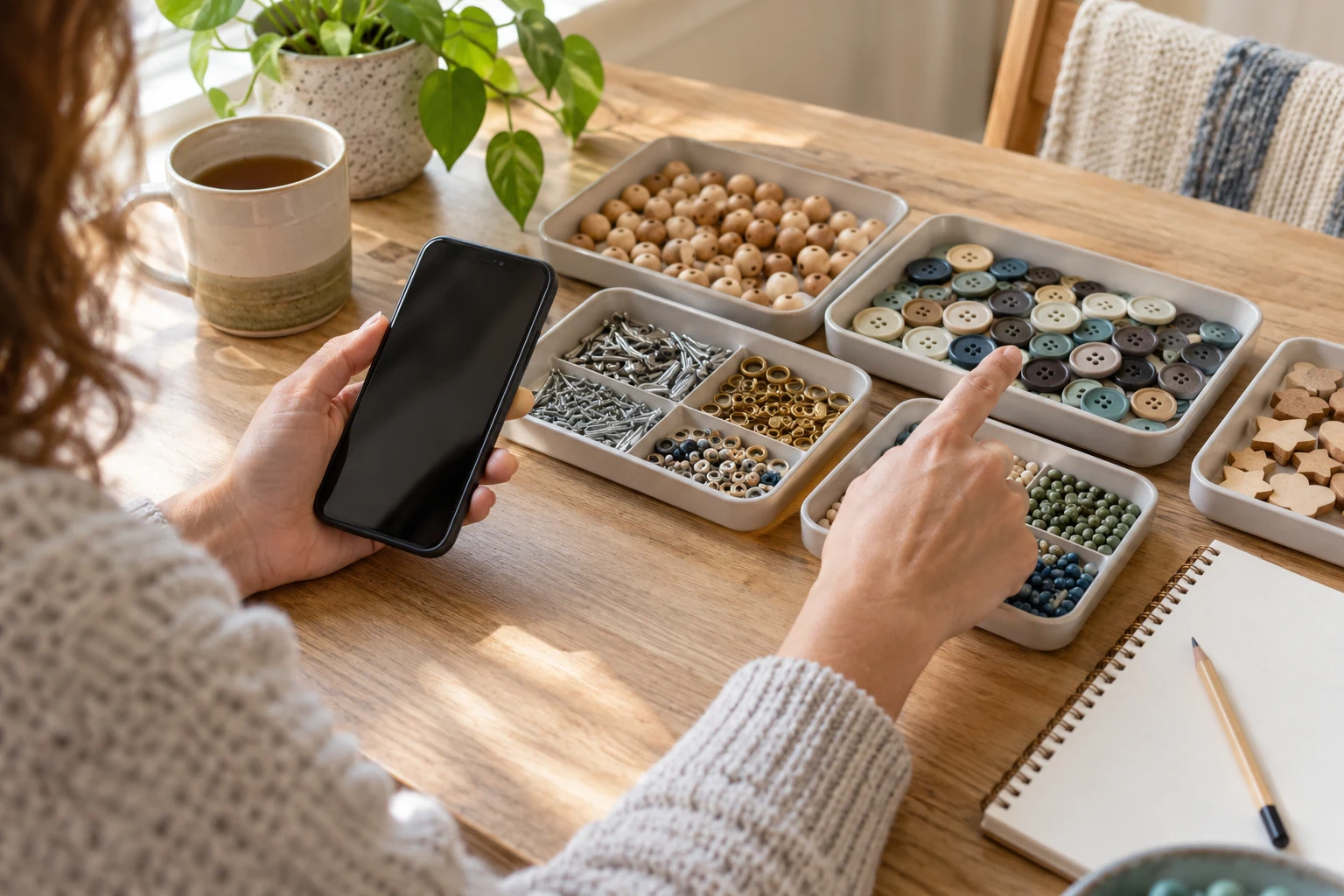 A person checking a phone beside neatly sorted trays of beads, buttons, and small hardware.