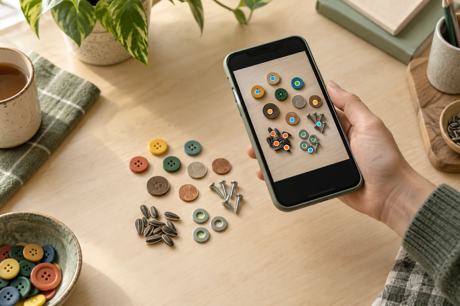 A person using a phone to count buttons, coins, screws, seeds, and washers spread across a wooden table.