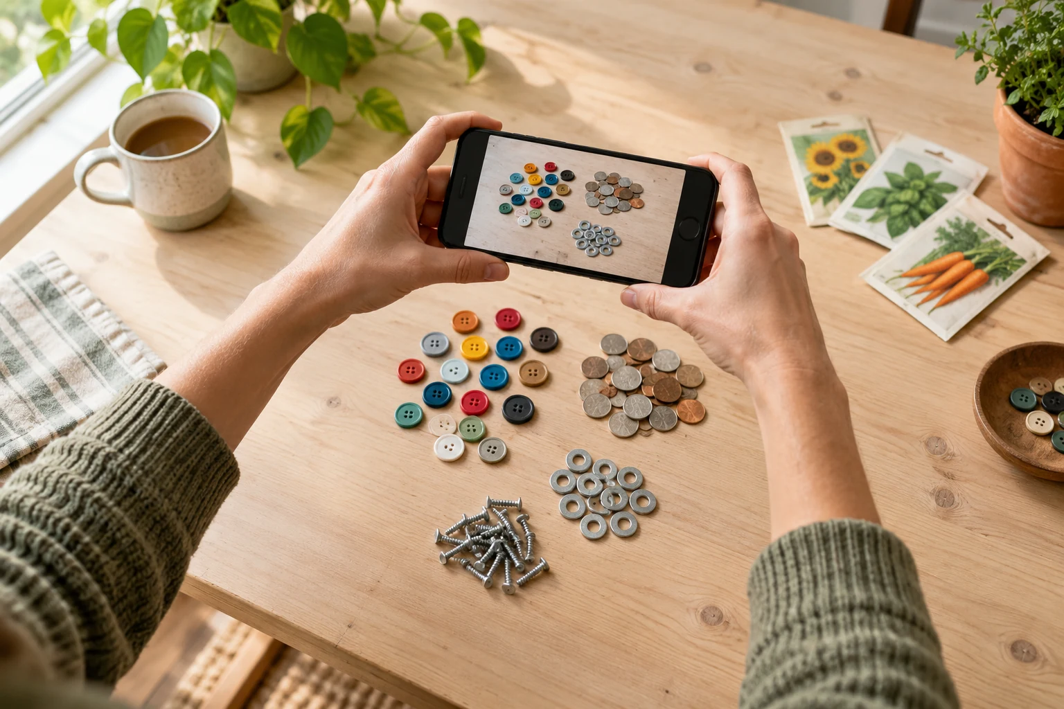 A person holding a phone above separated groups of buttons, coins, washers, and screws on a wooden table.
