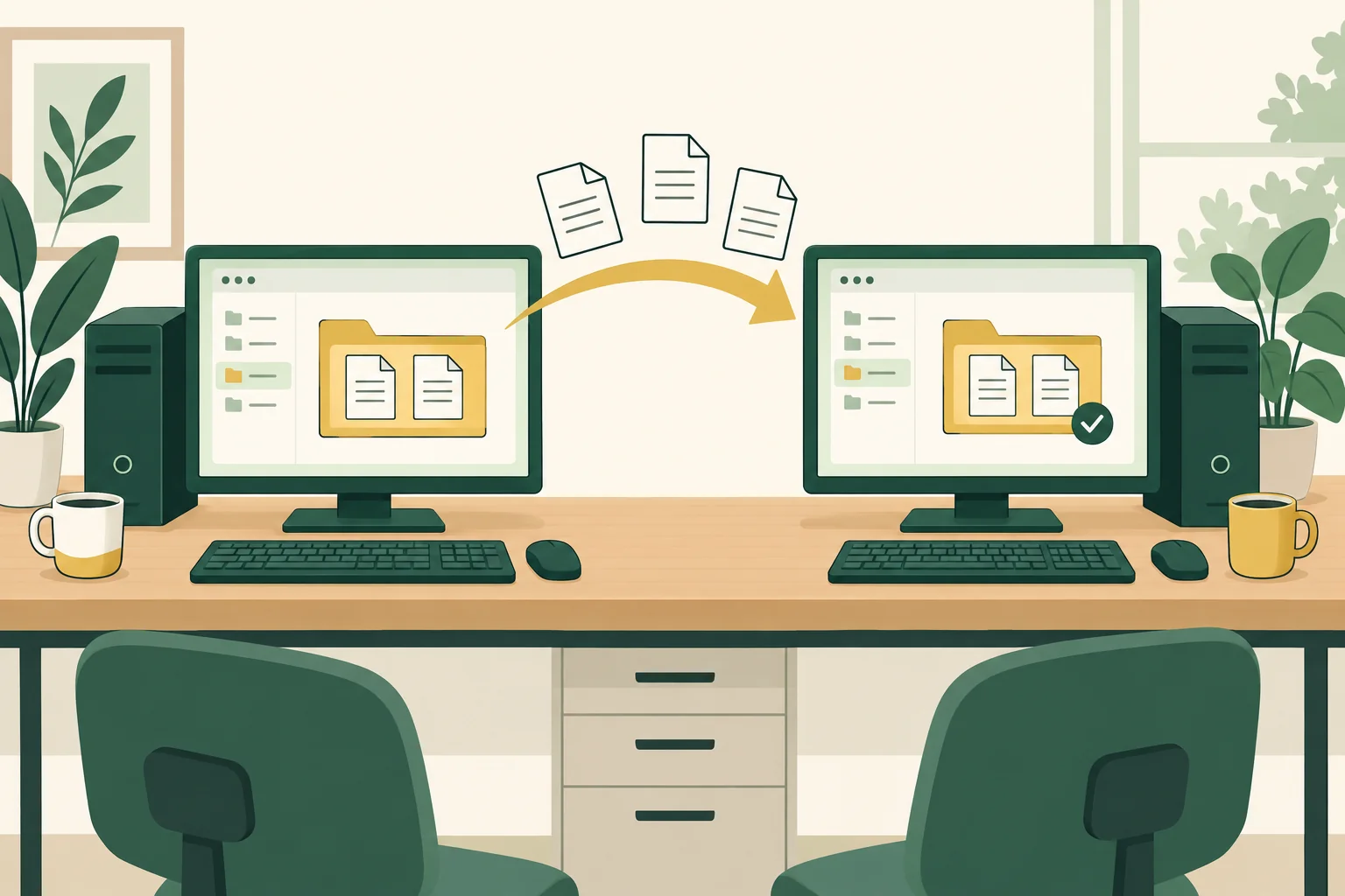A folder stays on the left computer while a checked copy appears on the right computer, connected by a local transfer arrow.