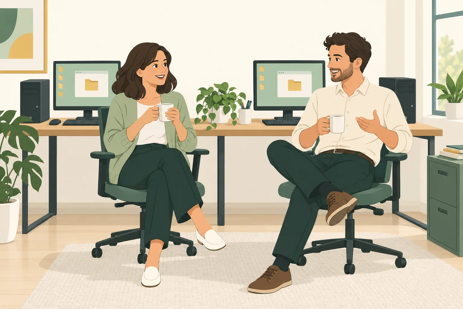 A woman and man taking a coffee break beside two computers showing copied folders.
