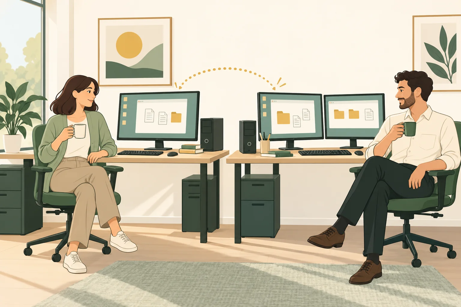 Two coworkers with coffee at neighboring desks, with three monitors illustrating a local connection between their computers.