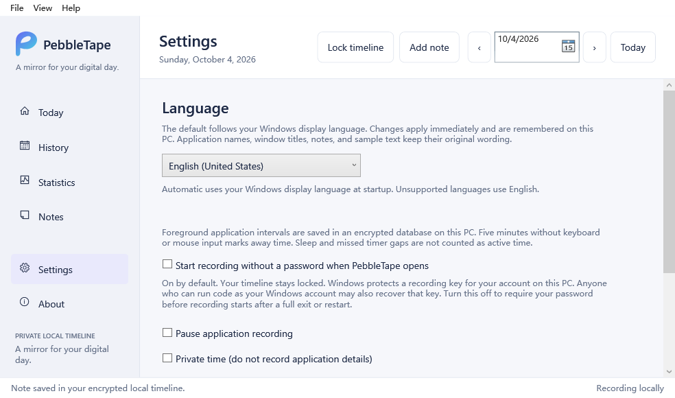 PebbleTape recording settings with controls for password-required startup, pausing, and private time.