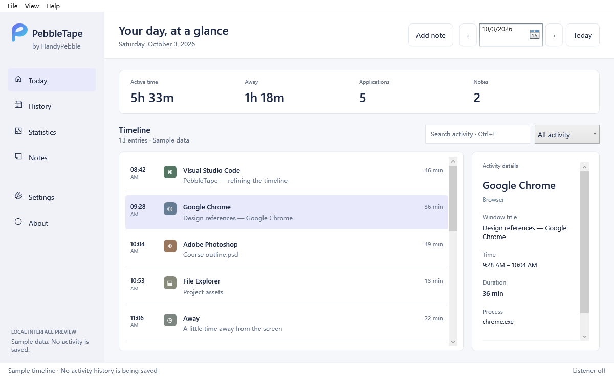 PebbleTape’s sample timeline with a sidebar, daily totals, application entries, and an activity details panel.