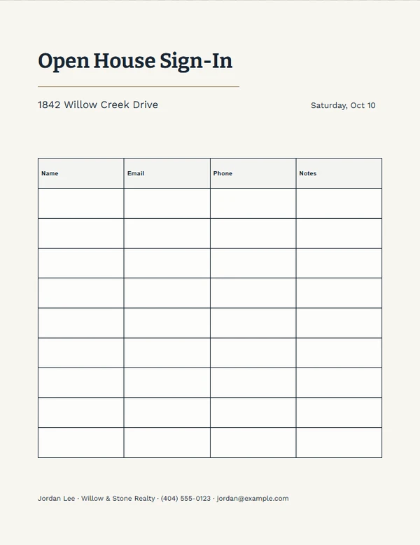 Visitor Notes Sheet — example design